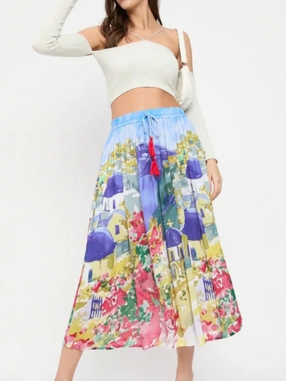 Flowy Mediterranean Long Skirt Greek Islands Mykonos Print SMALL SIZE